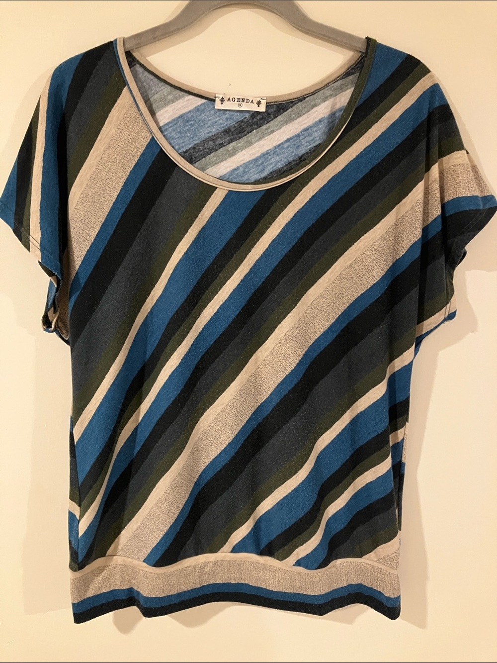 Agenda Diagonal Striped Scoop Neck Top in Teal, Olive, Black, Grey, and Cream